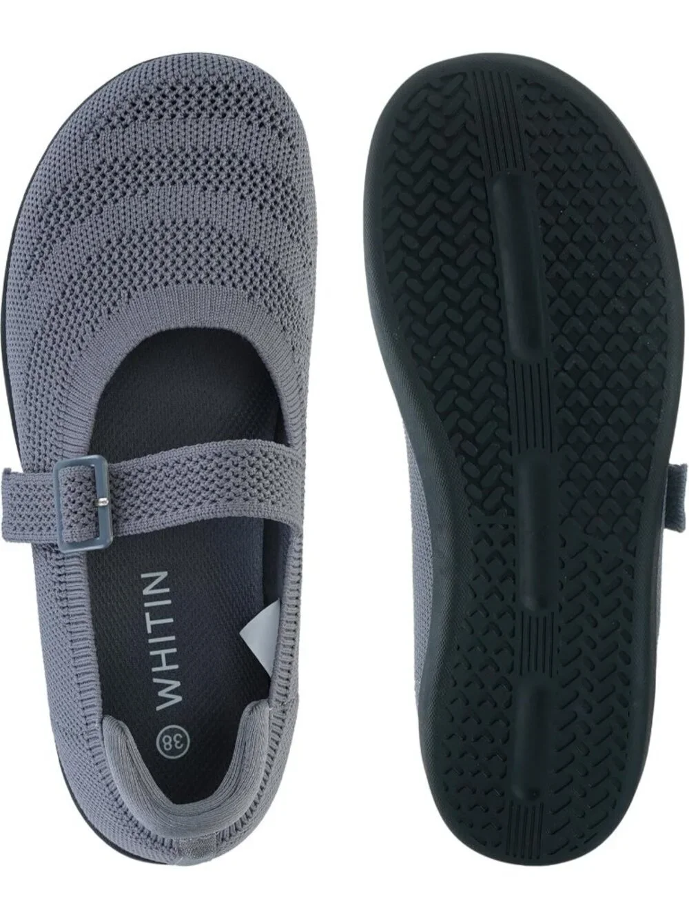 Women's Grey Barefoot Mary Jane Flats Knit Adjustable Straps Shoes
